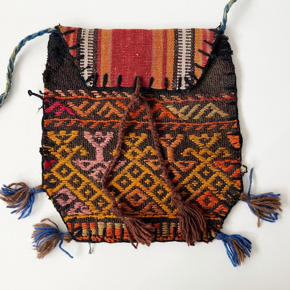 Vintage Kilim Wool Crossbody Bag Small Multi Tribal Geometric Woven Boho Purse